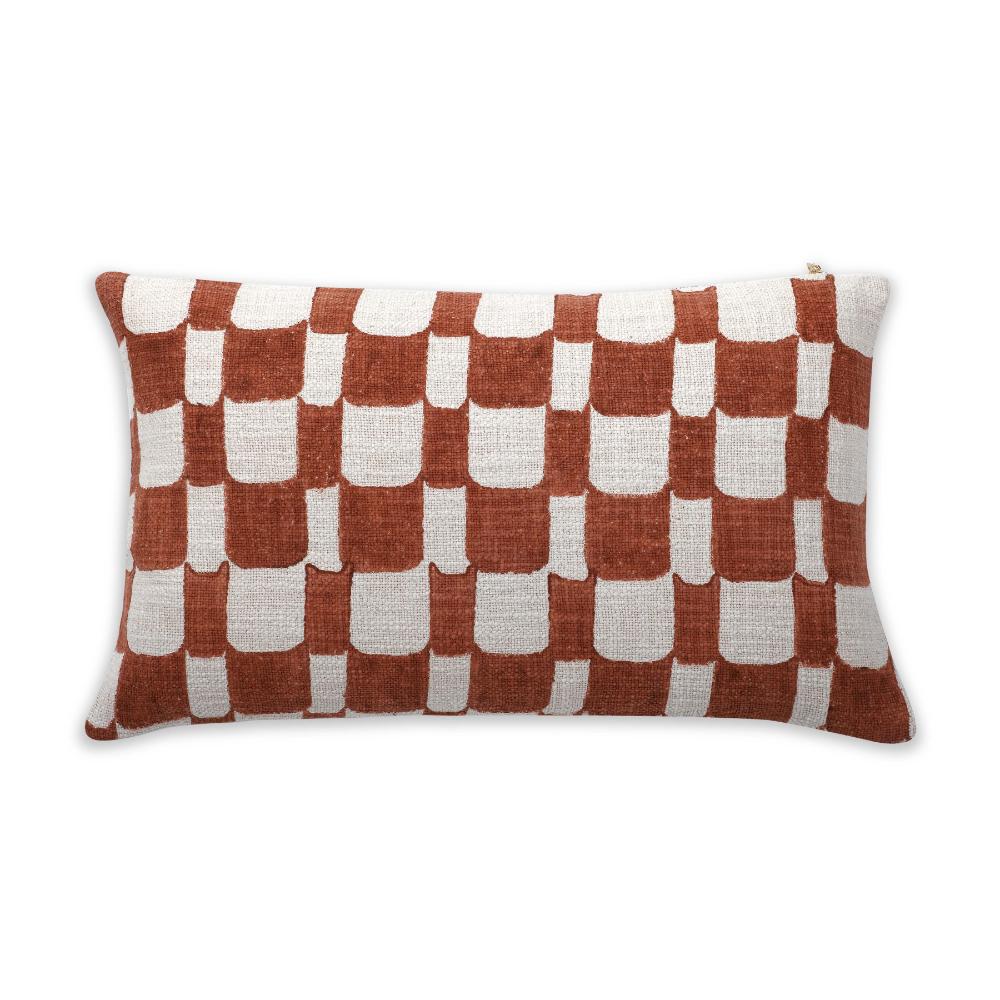 Rust Checkered Lumbar Throw Pillow Block Printed