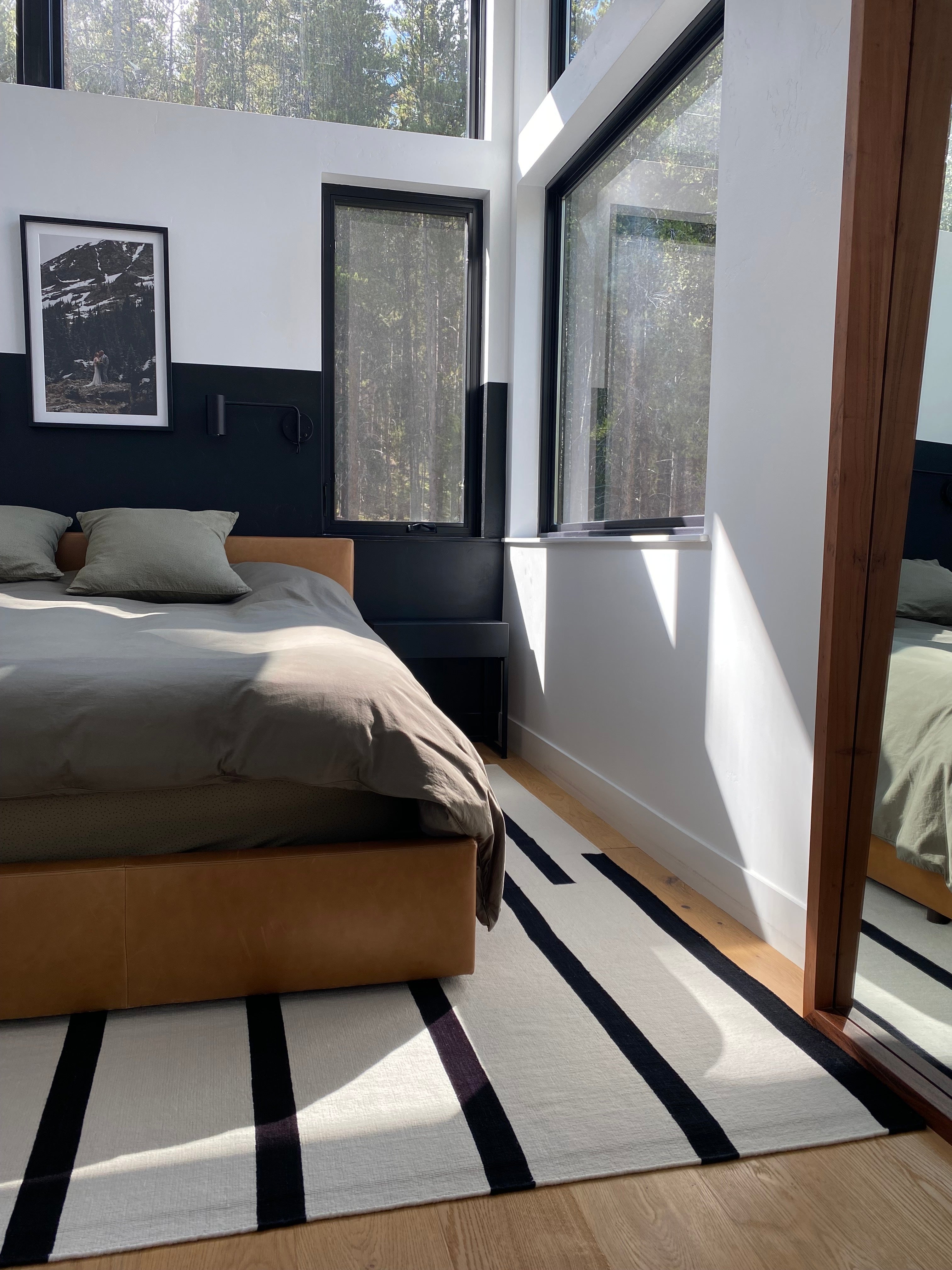 Sophisticated Small Primary Modern Bedroom Light Filled Black Windows